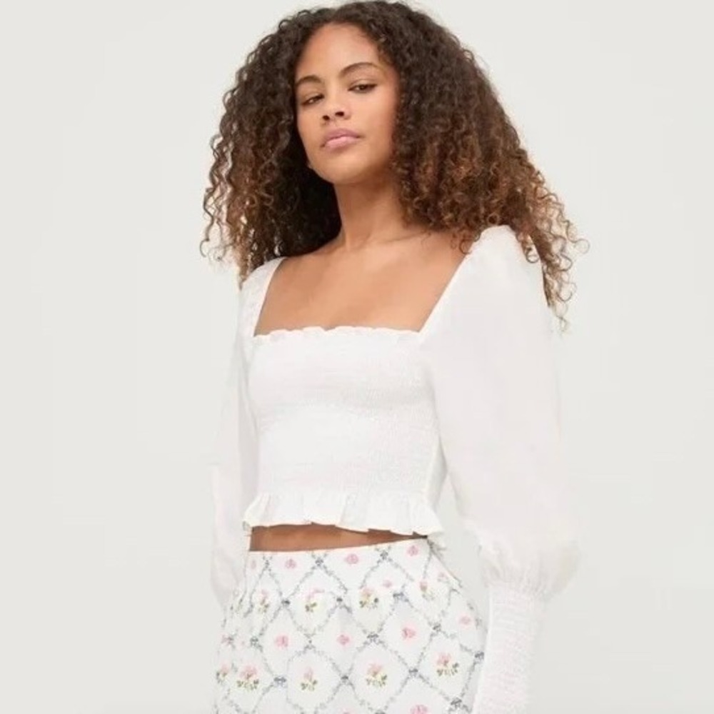 Hill House White Smocked Square-Neck Puff Sleeve Blouse